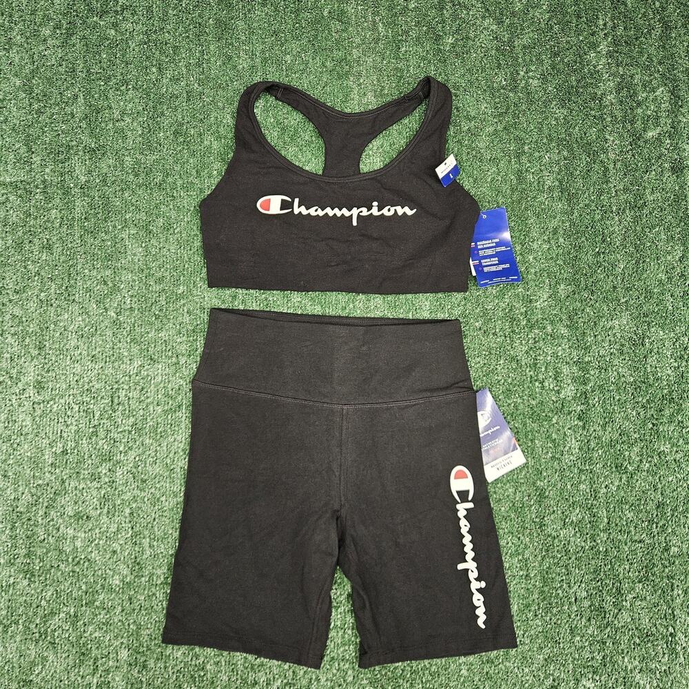 Champion Script Logo Bike Shorts Medium and Crossback Sport bra Large NWT